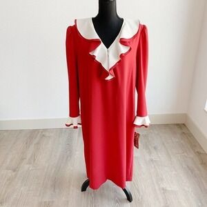 Vintage 70s Lawrence Greer NWT Burgundy Ruffle V-Neck Dress Size 18
